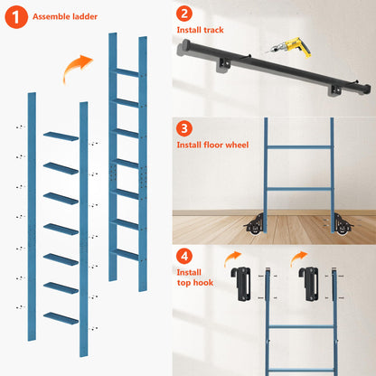 DIYHD 96" Sliding Library Ladder with 8 Steps, Telescopic Top Hook, Lightweight Rolling Ladder with Upright Space-Saving Storage, Kit with 4FT Sliding Rail, Bottom Rollers, 300lbs Capacity, Blue