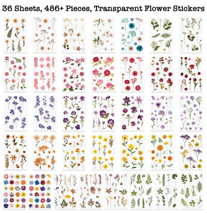 Knaid Pressed Flower Themed Stickers (Assorted 486 Pieces, 36 Sheets) Dried Floral Resin Stickers Decals Botanical Journaling Sticker for Scrapbook Supplies Junk Journal Bullet Journal Planner Laptop