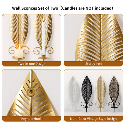 Gold Wall Candle Sconces Set of 2, Taper & Pillar Wall Iron Candelabra, Metal Golden Leaf Decor Sconce for Entryway Stair Corner Living Room, Farmhouse Fireplace,Gifts for Men Women Mom or Dad(Gold)