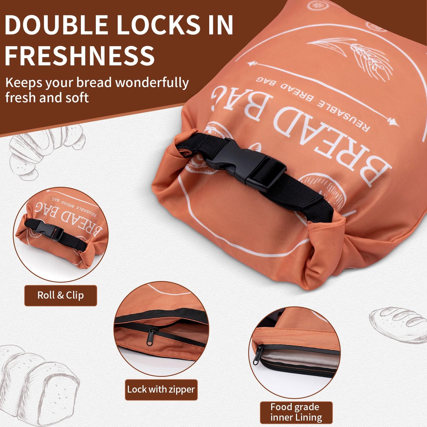Bread Bags for Homemade with Beeswax Wrap - Zipper Reusable Bread Bag for Sourdough 2-Pack, Reusable Food Storage Bag to Keep Sourdough Fresh, Freezer-Safe, Eco-Friendly (Orange&Grey)