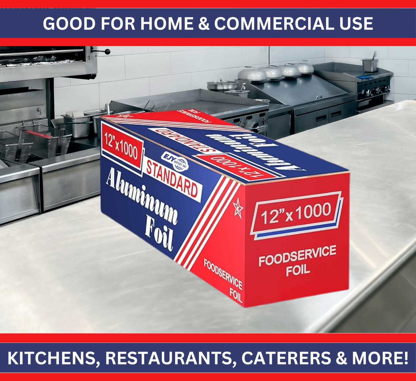 EJY IMPORT Standard Premium Aluminum Foil | 12”x1000 Feet Long | Industrial Size and Strength | Commercial Grade & Length Foil Wrap for Food Service Industry and Home Use| Strong Silver (1 Pack)