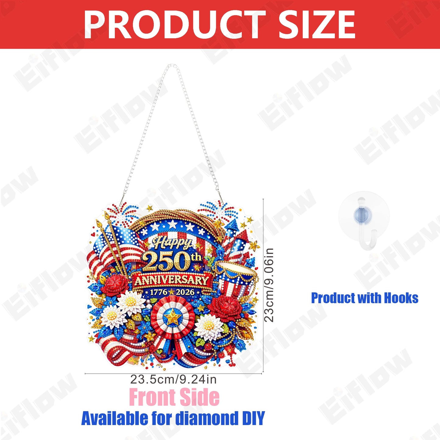 Eiflow Acrylic Diamond Art Hanging Kit for Adults 4th of July Wreath, DIY Diamonds Painting Door Hanger Board Kit, Special Crystal Diamond Art Painting Pendant Ornament (Happy 250th Anniversary)