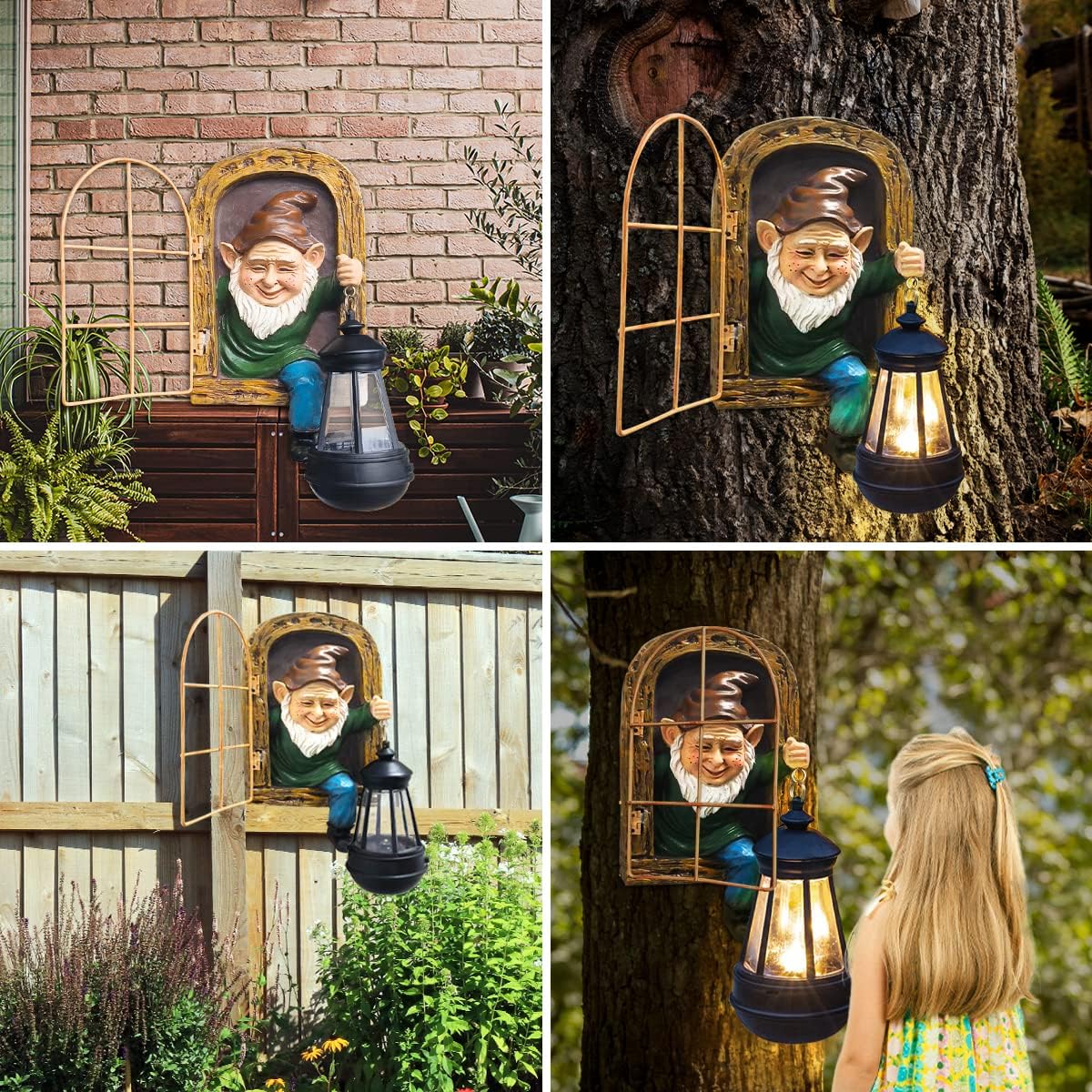 REYISO Garden Gnome Statue with Solar Lights Mom Dad Gifts Summer Decor Fairy Garden 10 in Elf Outdoor Tree Hugger Statues- Tree Face Sculpture, Yard Art for Patio,Fence,Lawn,Wall Gnomes Ornament