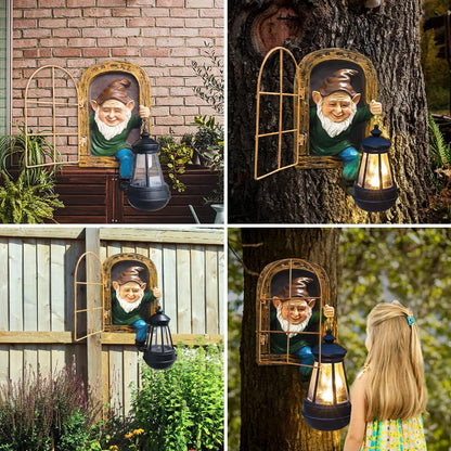 REYISO Garden Gnome Statue with Solar Lights Mom Dad Gifts Summer Decor Fairy Garden 10 in Elf Outdoor Tree Hugger Statues- Tree Face Sculpture, Yard Art for Patio,Fence,Lawn,Wall Gnomes Ornament