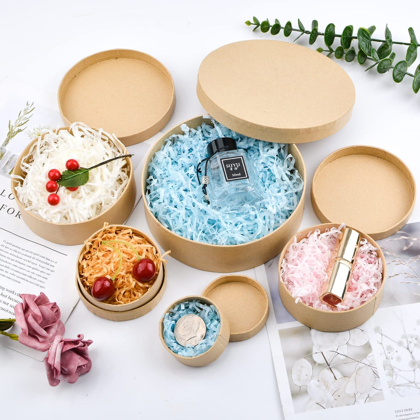 WANDIC Kraft Paper Boxes, 5 Pcs 5 Assorted Size Round Mini Nested Boxes with Lids,Large to Small Stackable Gift Boxes for Wedding Birthday Perfume Jewelry DIY