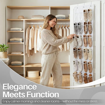 Closet 24 3 Flexzion Over the Door Shoe Organizer - Hanging Shoe Rack for with Clear Pockets and Steel Hooks, Back