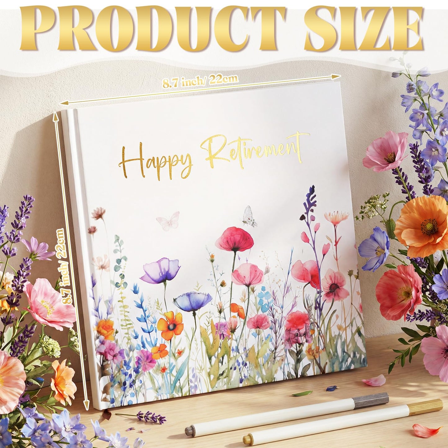 Resholder 2026 Retirement Guest Book with 2 Markers 8.7'' Square Hardcover Blank Guest Photo Signing Memory Book Happy Retirement Gift Party Supplies for Women Men Teacher Grad Decor (White,Floral)