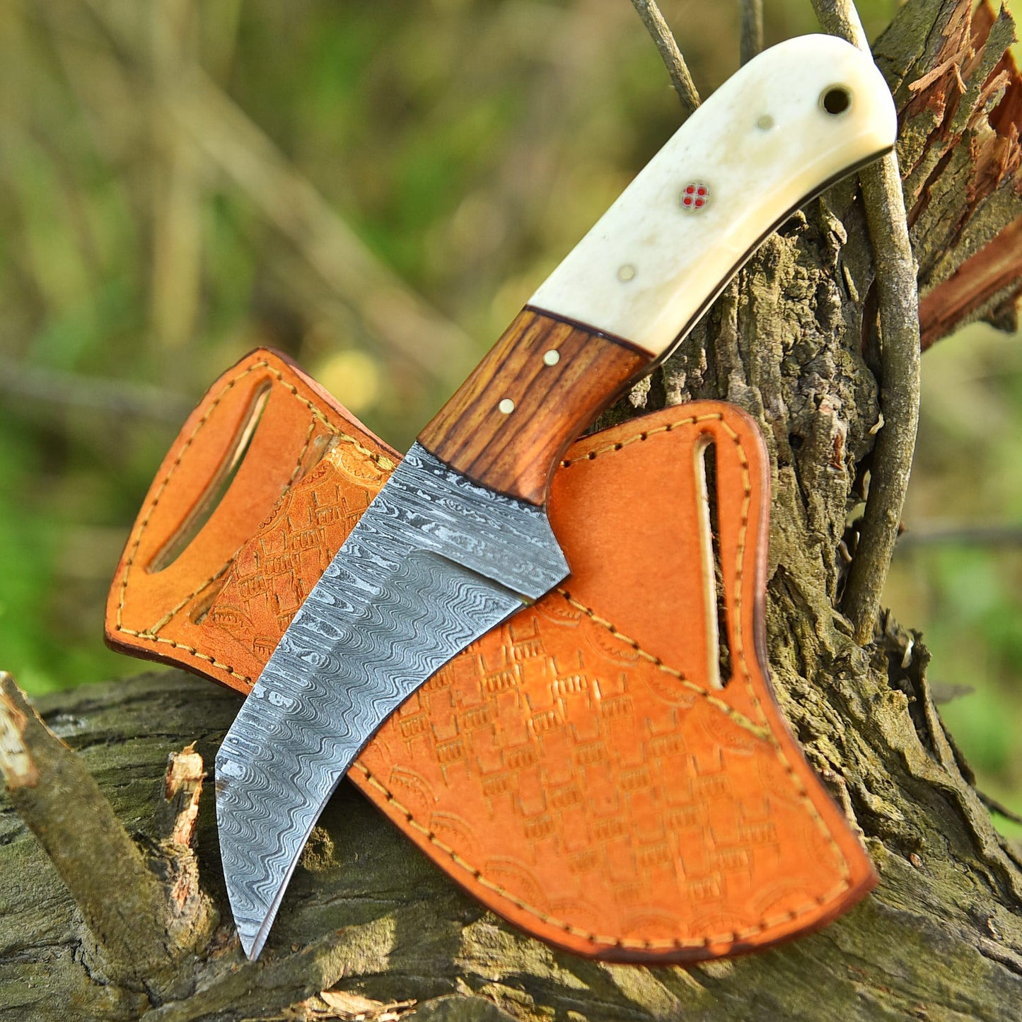 Trade Scorpio Handmade Damascus Lineman Hawkbill knife, Skinnning Knives, With Leather Sheath, Fixed Blade Knife, electrician knife with Bone Handle (Bone)