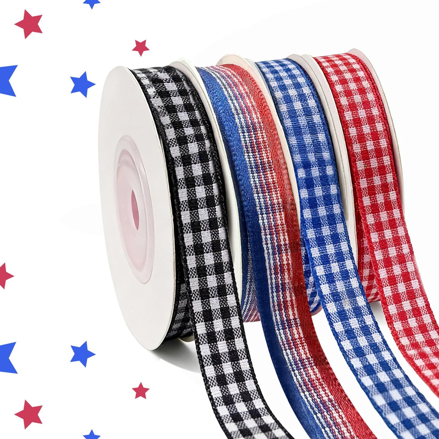 4 Rolls Summer Gingham Ribbon, 4th of July Buffalo Plaid Ribbon Thin Checkered Polyester Fabric for Gift Wrapping DIY Crafts Picnic Home Party Decor, Blue/Black/Red/Mix, 10 Yds x 3/8 In, Total 120 Fts