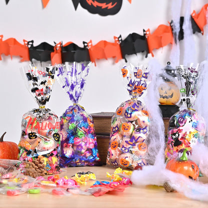 AhfuLife 200PCS Halloween Cellophane Treat Bags, 8 Designs Halloween Clear Candy Bags with Twist Ties for Treat or Treating, Snack Goodie Bags for Party Supplies Favors