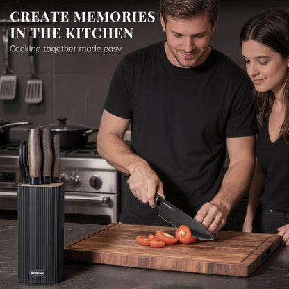Astercook Knife Set, 6-Piece Kitchen Knife Set with Block, High Carbon Stainless Steel Ultra Sharp Kitchen Knives, Wood Grain Handle, Dishwasher Safe Knife Block Set, Black, Mothers Day Gifts