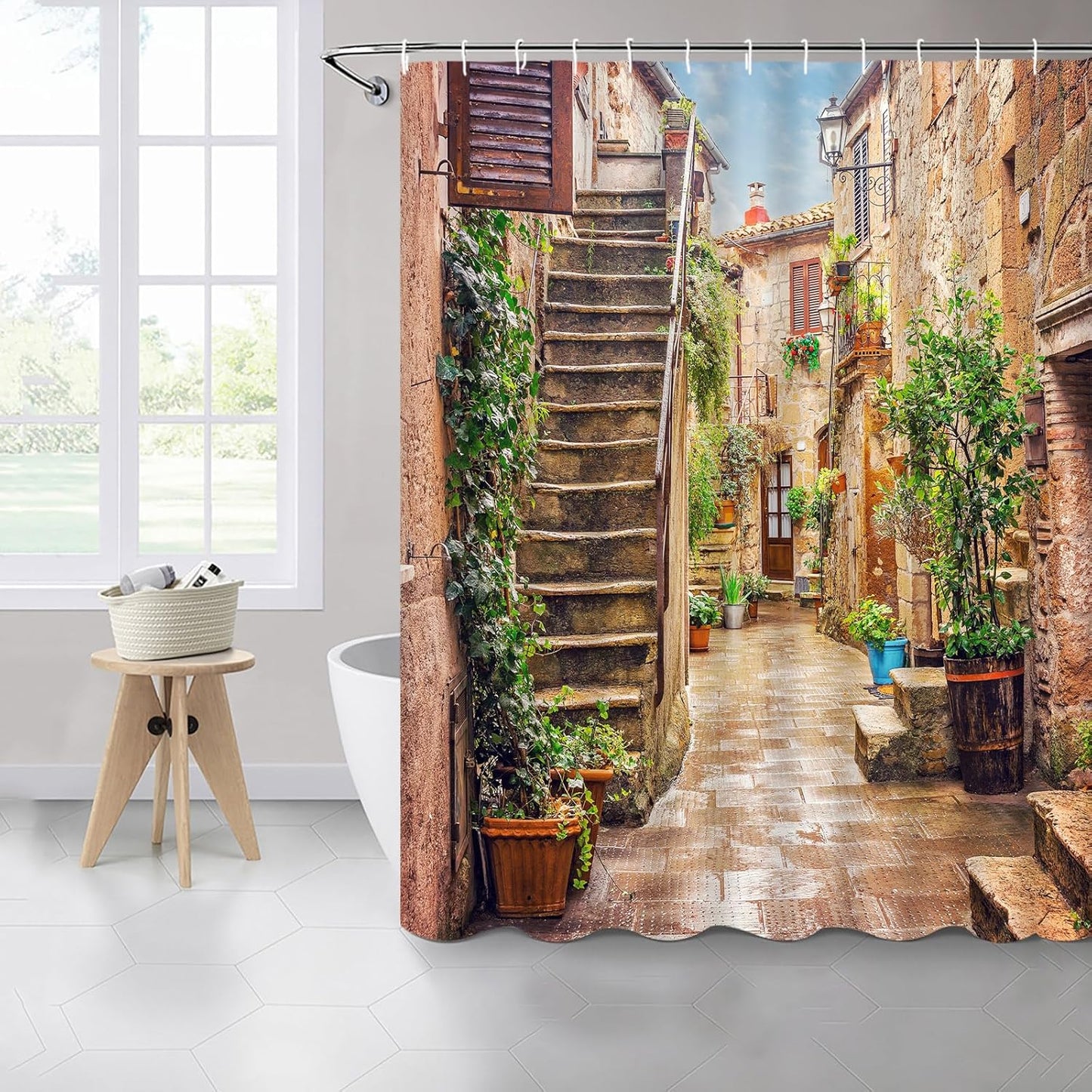 Italian Architectural Landscape Shower Curtain, European Old Mediterranean Street Design, Vintage Country Bathroom