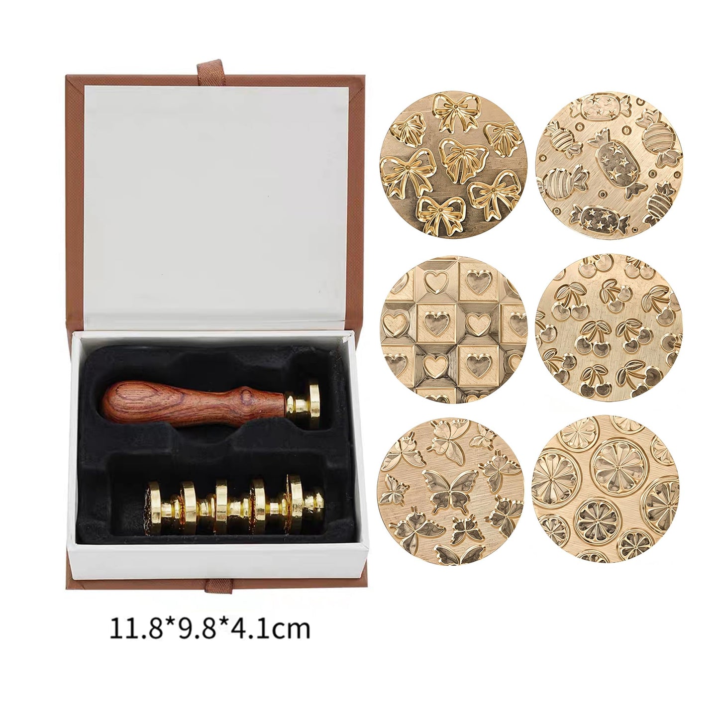 DBEFTLI 6-Piece Cute Wax Seal Stamp Set – Full-Coverage Pattern Collection with Solid Brass Heads & Wooden Handle – Kawaii Candy Cherry Butterfly Designs for Cards, Envelopes & DIY Crafts