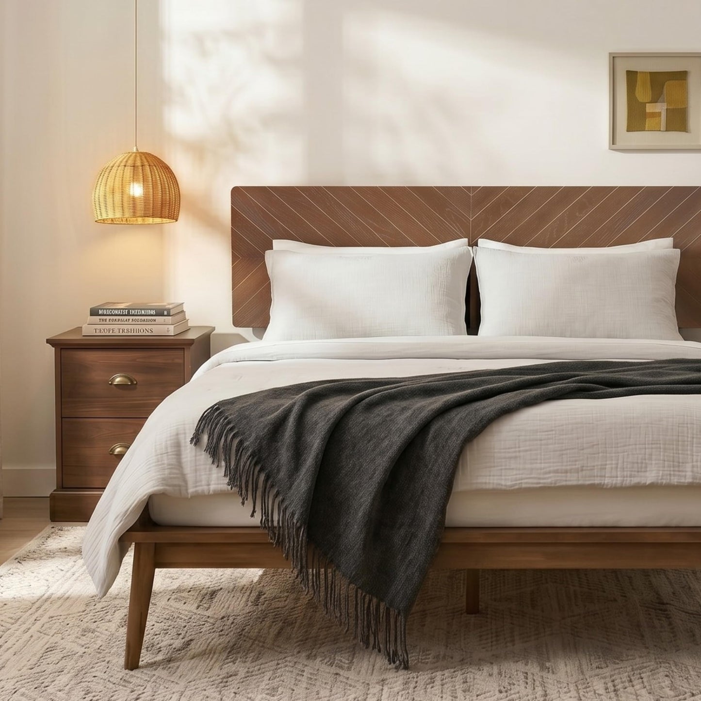 AllForWood Loki Solid Wood Bed Frame King, Premium Platform Bed with Chevron Headboard Design and Wood Slat Support, Easy Assembly, No Box Spring Needed, Mid-Century Modern Minimalist Styles (Walnut)