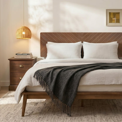 AllForWood Loki Solid Wood Bed Frame King, Premium Platform Bed with Chevron Headboard Design and Wood Slat Support, Easy Assembly, No Box Spring Needed, Mid-Century Modern Minimalist Styles (Walnut)