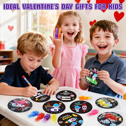 SpringFlower Valentines Day Gifts for Kids, 28 Pack Valentines Day Cards for Kids School with LED Finger Lights Toys, Valentines Day Gards for Classroom Exchange, Party Favors Prizes for Kids