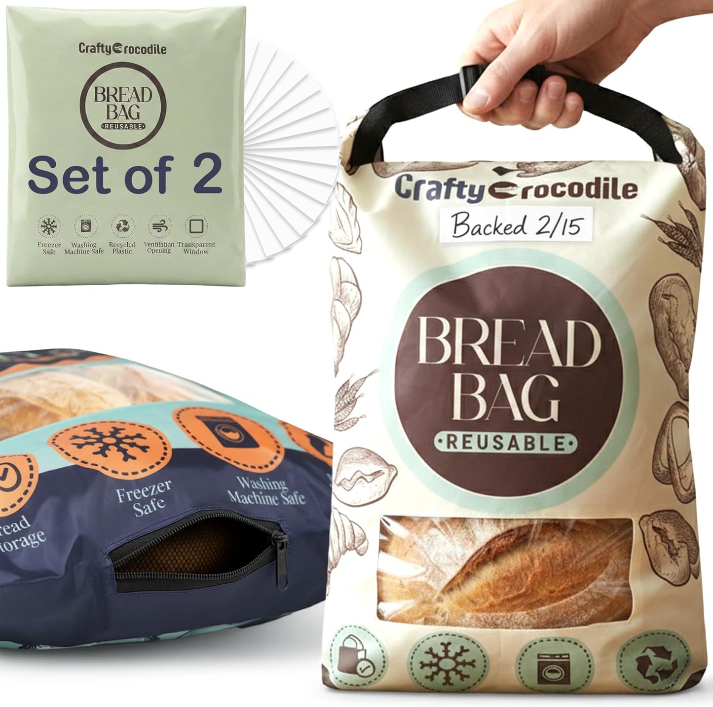 2 Pack Reusable Bread Bags for Homemade Bread - Food Grade Storage for Sourdough Bread with Transparent Window, Date