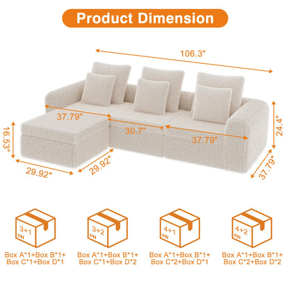 Feonase Modular Sectional Sofa, Cloud Sectional Couch with Deep Seat, 106.3'Modern Modular L Shape Sofa Couch with Chaise, Upholstered Boneless Couches for Living Room Bedroom, Beige
