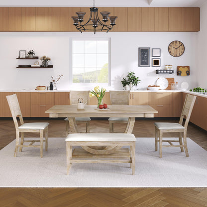 Merax 6-Piece Wood Half Round Dining Table Set Kitchen Table Set with Long Bench and 4 Dining Chairs,Modern Style,Natural