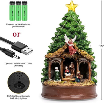 Candieslife Musical Christmas Tree - Rotating Nativity Scene with LED Star Light | Tabletop Decor Gift