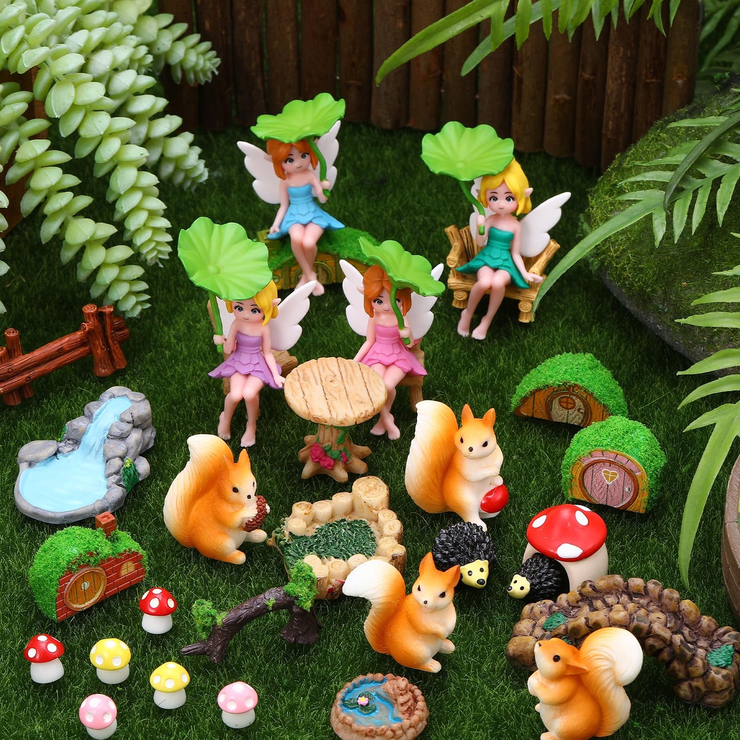 GGSTDDUP 32 PCS Mini Fairy Garden Accessories Kit Miniature Garden Ornaments Included Resin House Statues Tiny Fairies Figurines Animal Plant Set for DIY Terrarium Potted Plants Dollhouse Desk Decor