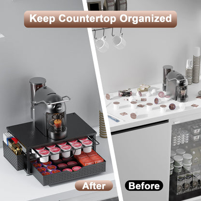 K Cup Holder, Coffee Pod Holder with 2 Tier Sliding Storage Drawer and 1 Hanging Basket for 51 Large or 73 Small Capsule,K Cup Coffee Station Organizer Accessories for Counter,Home,Office,Kitchen