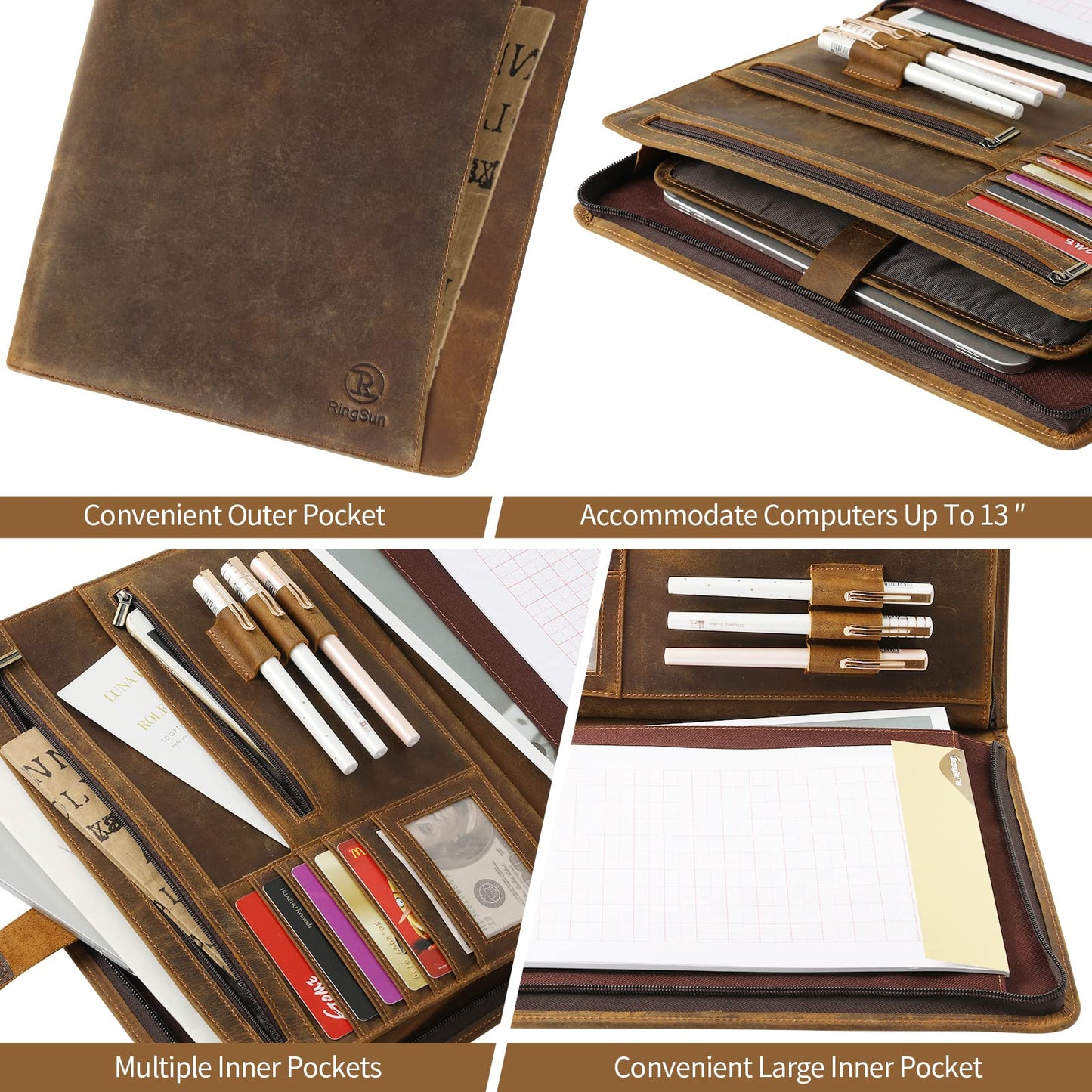 Ringsun Leather Portfolio Organizer with Zipper for Men Women, Leather Padfolio Business Resume Legal Pad Portfolio Notebook Binder for A4/Pad, Brown