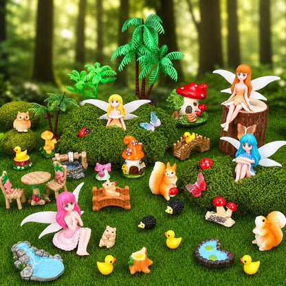 QAUYETM 40Pcs Fairy Garden Accessories Miniature Garden Ornaments Kit with Mini Animal Plant Fairies Furniture House Figures Bulk for Micro Landscape DIY Terrarium Potted Plants Dollhouse Decor