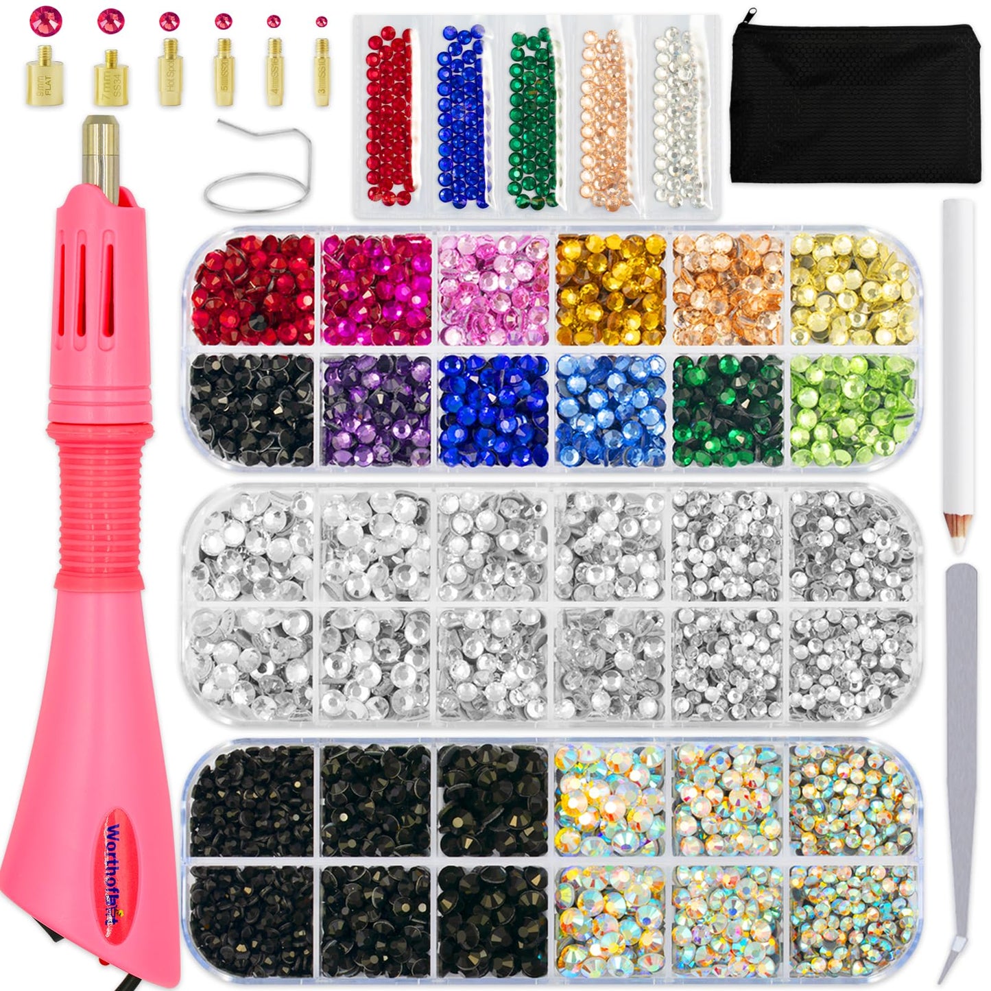 Worthofbest Hot Fix Rhinestone Applicator Tool Kit, 5200Pcs 3/4/5mm Glass Hotfix Rhinestones, Rhinestone Setter with 6 Tips, Stand, Zipper Bag, Tweezers & Gem Picker for Clothing Fabric DIY Crafts
