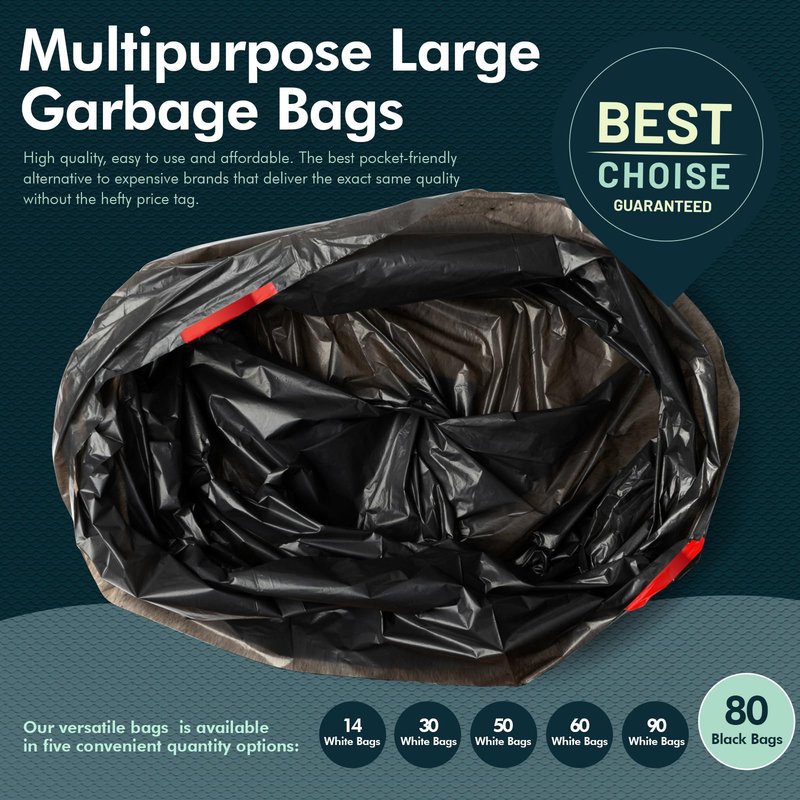 PAMI Tall 13-Gallon Kitchen Drawstring Trash Bags [80-Pack, Black] - Extra-Strong Plastic Garbage Bags- Thick Trash Can Liners For Kitchen, Bathroom & Outdoor Bins- 2ft x2ft Unscented Trash Bags