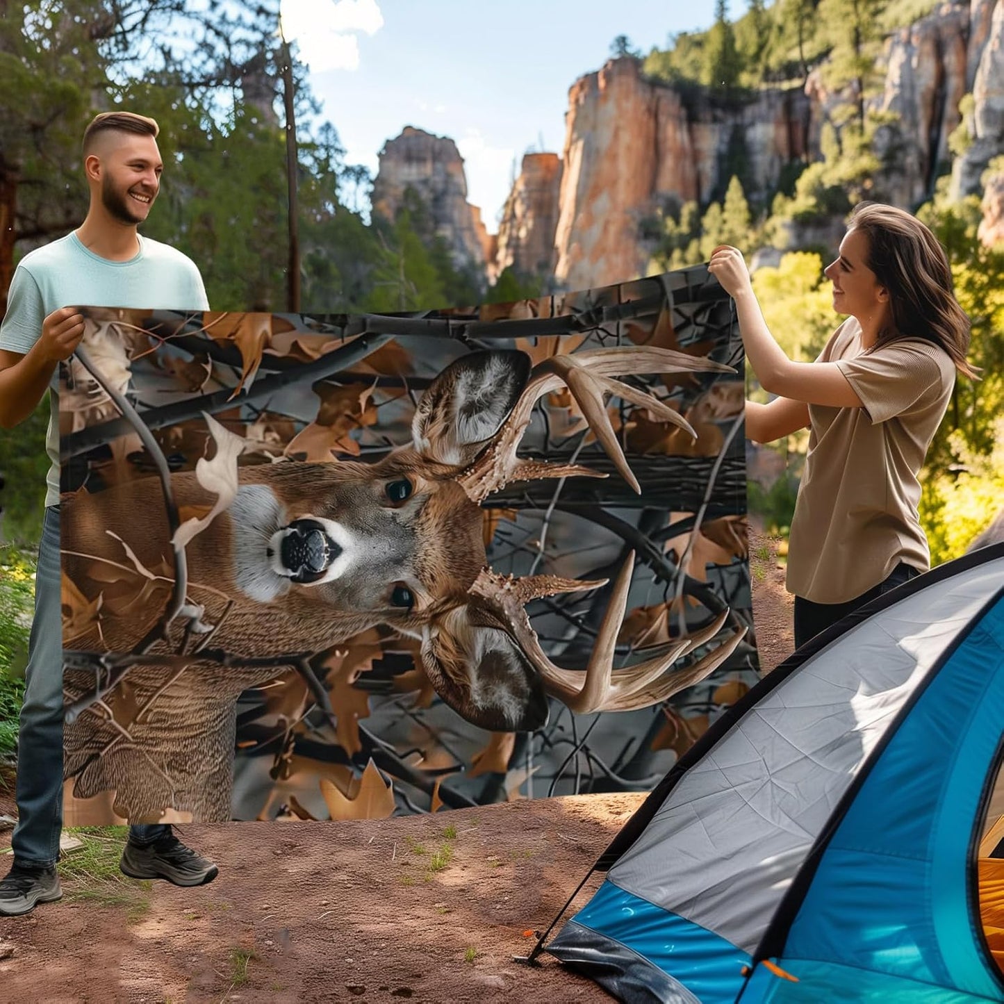 Camo,80"x60" KOYI Camo Gifts for Men, Camo Buck Blanket, Realistic Camo Leaves with Deer Blanket, Deer Gifts for Men