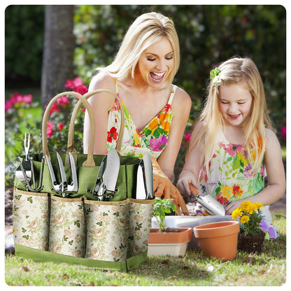 Grenebo Gardening Tools 9-Piece Heavy Duty Garden Hand Tools with Fashion and Durable Garden Tools Organizer Handbag, Rust-Proof Garden Tool Set, Ideal Gardening Gifts for Women
