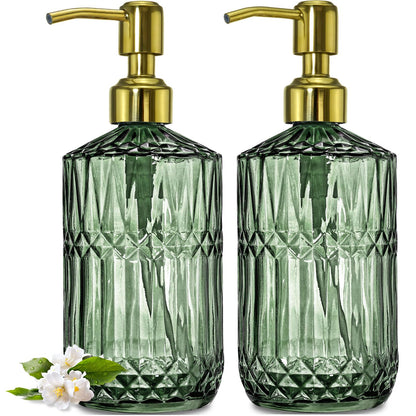 JASAI 2Pack 18Oz Green Glass Soap Dispenser with Gold Rust Proof Pump, Refillable Dish Soap Dispenser for Kitchen, Bathroom Soap Dispenser for Hand soap, Lotion, Body Wash, Dish Soap.