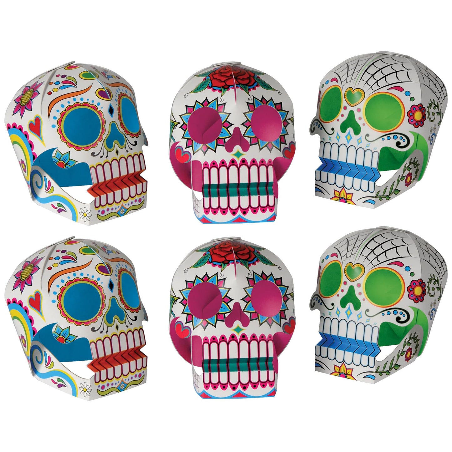 Beistle 6 Piece Three Dimensional Sugar Skull Day Of The Dead Centerpieces - Eye-Catching Dia De Los Muertos Party Decorations, Made In USA Since 1900