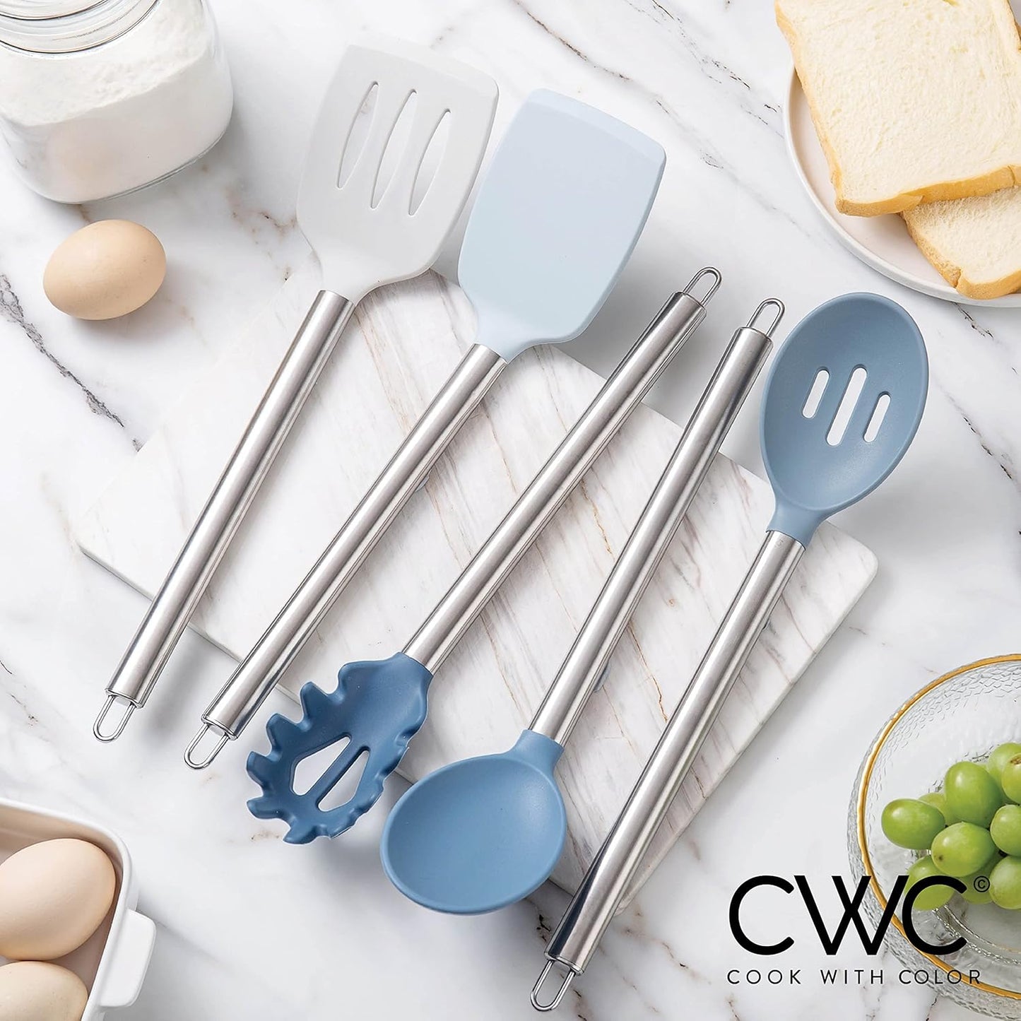 COOK WITH COLOR Silicone Cooking Utensils - 5 Pc Kitchen Utensil Set for Nonstick Cookware (Blue and White)