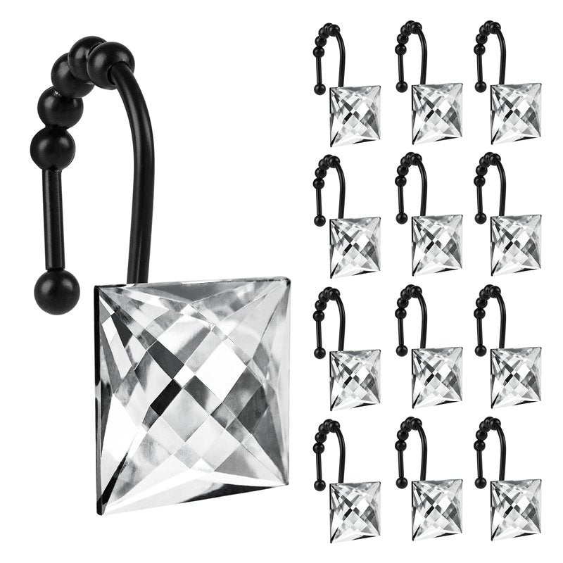 Sunlit Luxury Design Square Clear Diamond Crystal Gem Bling with Glide Balls Shower Curtain Hooks, Rust Proof Metal Rhinestones Glam Shower Curtain Rings with Black Hooks, Set of 12