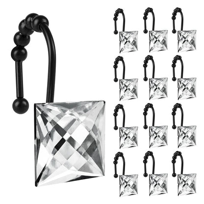 Sunlit Luxury Design Square Clear Diamond Crystal Gem Bling with Glide Balls Shower Curtain Hooks, Rust Proof Metal Rhinestones Glam Shower Curtain Rings with Black Hooks, Set of 12