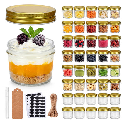 QAPPDA 4oz Glass Jars With Lids,Small Mason Jars Wide Mouth,Mini Canning Jars With Gold Lids For Honey,Jam,Jelly,Wedding Favor,Shower Favors,Spice Jars For Kitchen Storage & Home,Set of 40