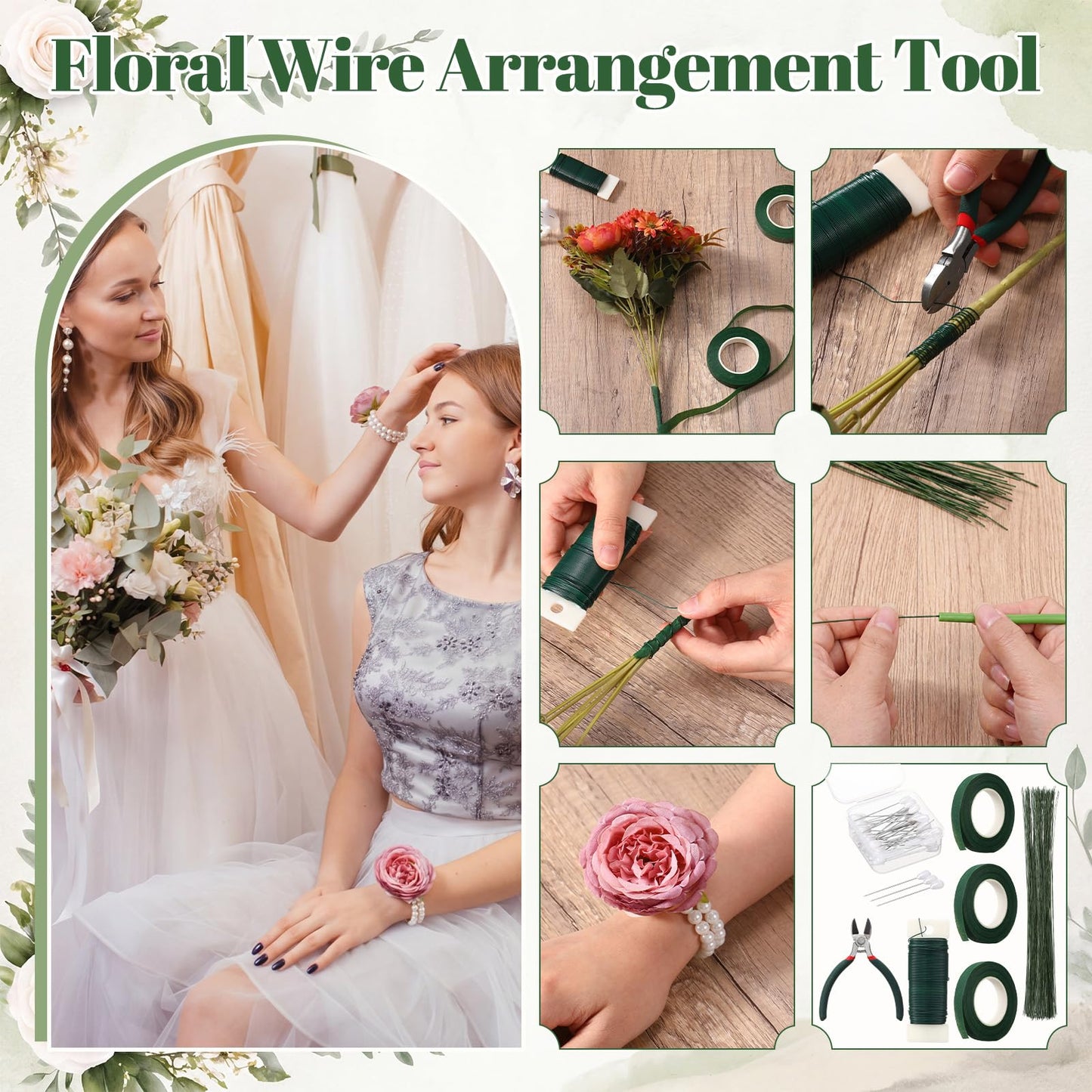 Poola Voidra Floral Arrangement Tools Floral Tape Wire Set Adhesive Glues Boutonniere Flower Pin Stem Cutter Elastic Pearl Wrist Corsage Band White Ribbon Kit for Wedding Corsage Supply Bouquet Craft