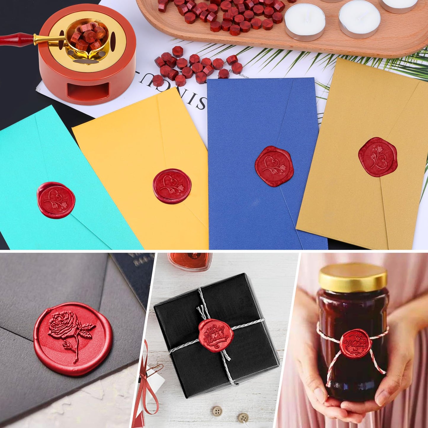 Red Wax for Letters Stamp Seals, Paxcoo 312pcs Stamp Wax Kit with Red Wax Seal Beads, Wax Seal Warmer, Wax Spoon and Tealight Candles for Wax Envelopes Mail and Wedding Invitations