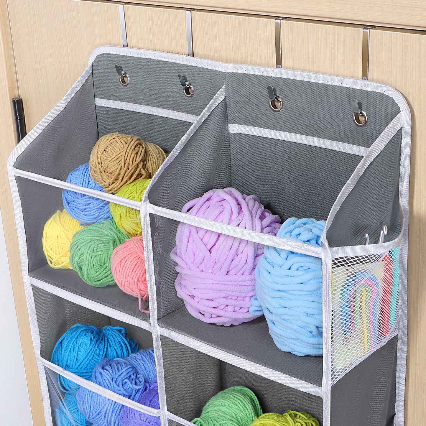 Univivi Over Door Hanging Yarn Storage Organizer, 6 Tiers Hanging Yarn Knitting Organizer with 12 Mesh Side Pockets for Crochet Accessories, Knitting Needles and Yarn Balls