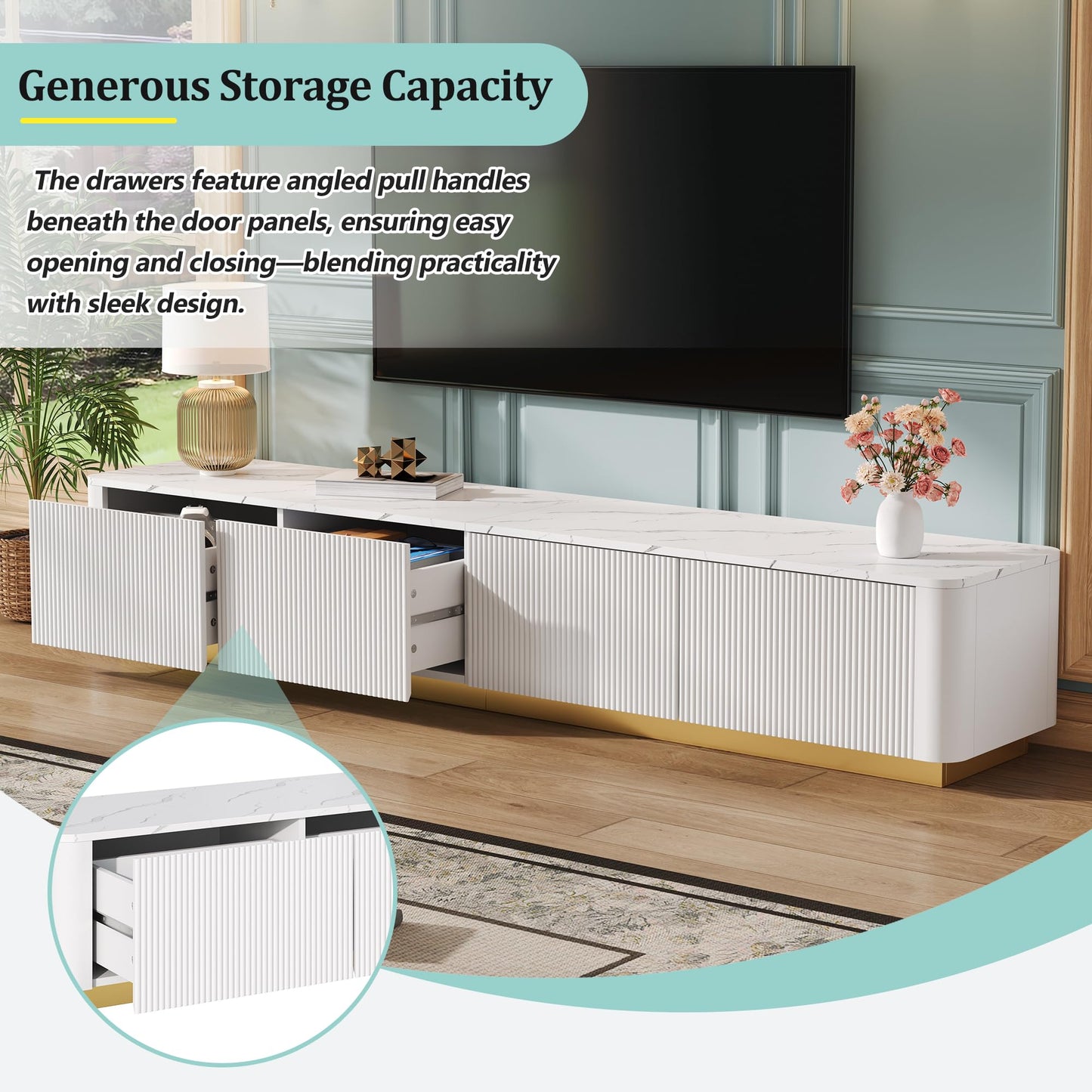 Merax Modern Fluted TV Stand Consoles for Living Room, Wood Entertainment Center with 4 Drawers & Faux Marble Tabletop, Practical Media Console for Televisions Up to 85'', White