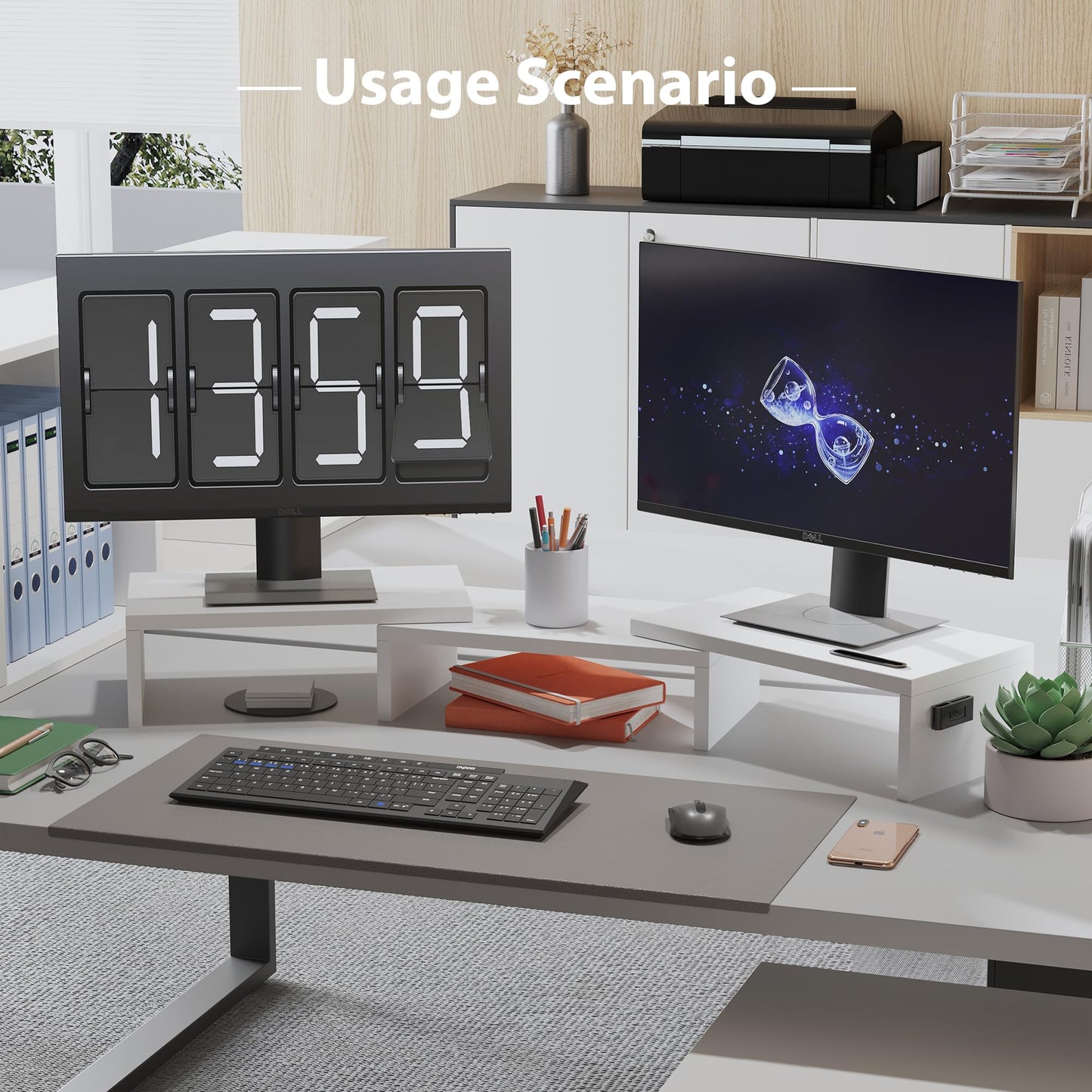 BONTEC Dual Monitor Stand for Desk, Adjustable Length and Angle Monitor Stand Riser with Smartphone Holder, Desk Shelf for Top of Desk, Computer Monitor Stand with Storage, Office Desk Organizer, White