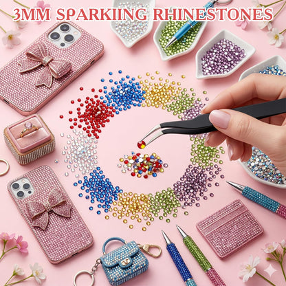 80000Pcs Bedazzling Kit with 3mm Rhinestones, 42 Colors Resin Flatback Nail Rhinestones, Bedazzler Kit with 3 B7000 Glue, Tweezers & Pen, Gems for Crafts, Clothes, Tumblers, Nail Art