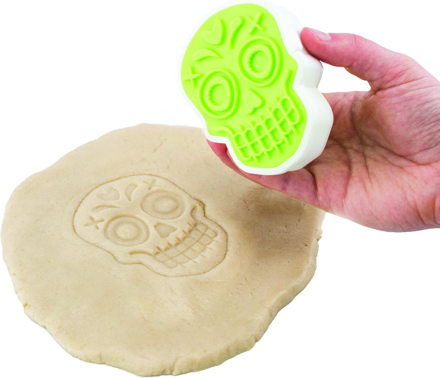 Tovolo Set of 6 Sugar Skull Templates, Dishwasher Safe Cookie Stamps with Cutter, Lime/White (81-22492)