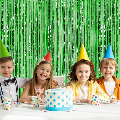 CHRORINE 2pcs 3ft x 8.3ft Green Tinsel Foil Fringe Curtains, Streamers Backdrop for Birthday Jungle Safari Party