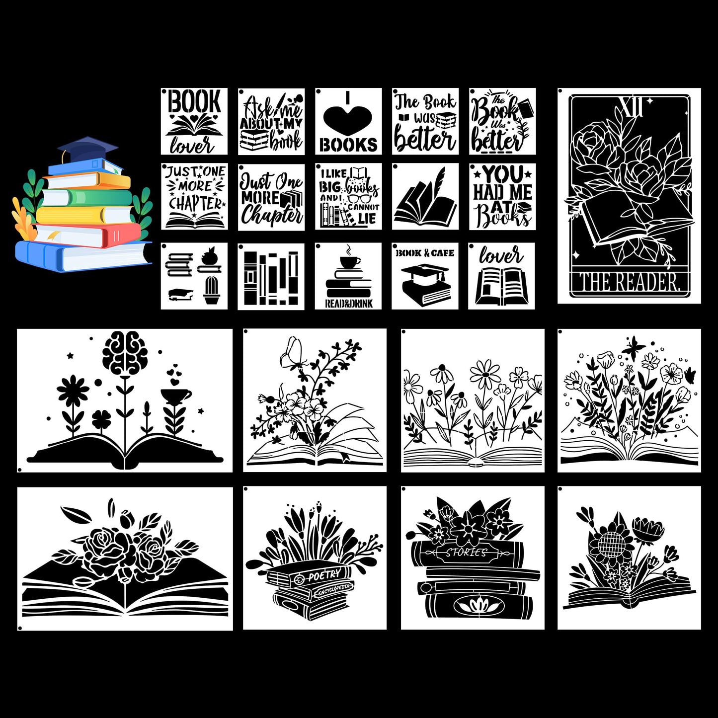 Book Flower Stencils for Painting - 24 Pcs Reusable Book Flower Floral Plants Spraying Drawing Supplies Stencils DIY Crafts Drawing Template Set for Home Wood Table Wall Paper Scrapbook Decor