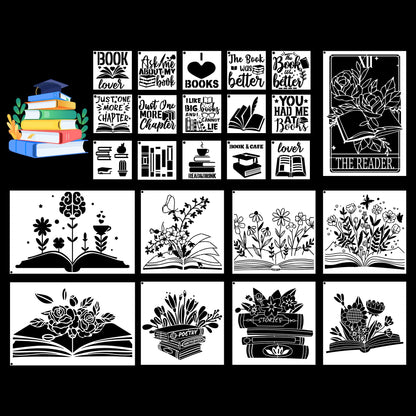 Book Flower Stencils for Painting - 24 Pcs Reusable Book Flower Floral Plants Spraying Drawing Supplies Stencils DIY Crafts Drawing Template Set for Home Wood Table Wall Paper Scrapbook Decor
