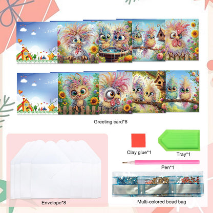 LazyFold 8Pcs DIY Diamond Art Painting Greeting Cards with Envelopes, Crazy Birds All Occasion Note Card Kit for Women, Handmade Thank You Birthday Friendship Cards Gift