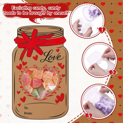 Honeydak 48 Set Valentine's Day Mason Jar Bows Cards Kit with Clear Treat Bags & Adhesive Strips, Happy Valentines Cards, DIY Goodie Bags, Valentines Exchange Card, Party Favors Supplies